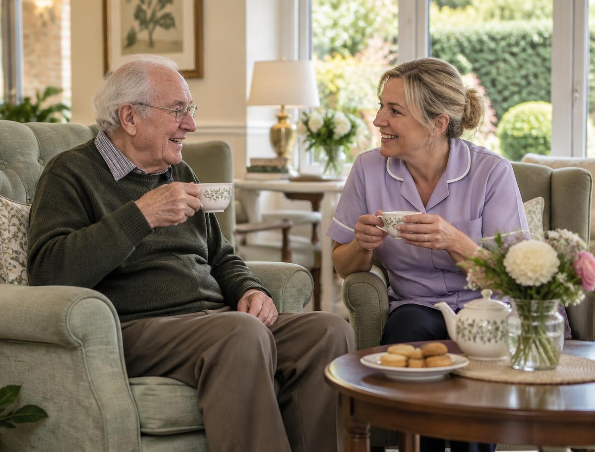 A resident enjoying a cup of tea with a caregiver